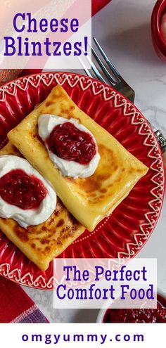 two pieces of food on a red plate with the words cheese blintzes