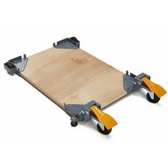 a wooden board with wheels and two orange handles on it's sides, attached to the back of a dolly