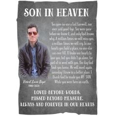 a memorial poster with a photo of a man wearing sunglasses and the words, son in heaven