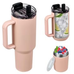 two mugs with lids and handles, one is filled with ice and the other has fruit in it