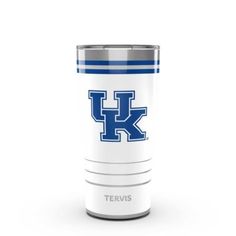 the university of kentucky travel tumbler is shown in white with blue stripes and letters