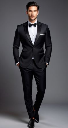 Привлекательный молодой мужчина в костюме с бабочкой в полный рост Handsome Man In Suit, Tuxedo For Men Wedding, Mens Suits Style Modern, Black And Grey Suit, Bow Tie Suit, Black Suit Men, Modern Suits, Blue Tuxedos