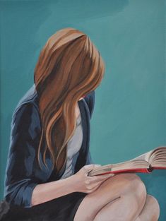 a painting of a woman sitting on the floor reading a book with her legs crossed