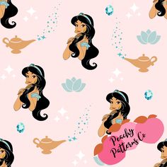 seamless disney princess wallpaper with pocahons and teapots on pink