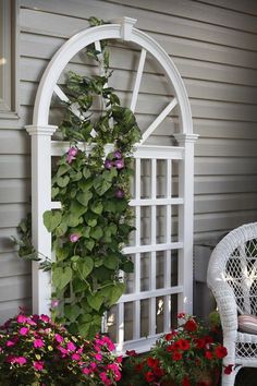 a white chair sitting on top of a porch next to a flower pot filled with flowers