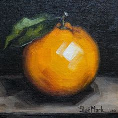 a painting of an orange on a table