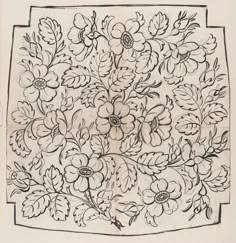 a black and white drawing of flowers in a square shape with leaves on the edges