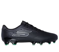 a black soccer shoe with green trims on the bottom and white lettering that reads sked