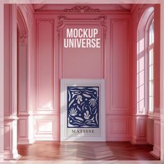 an empty room with pink walls and wood flooring is featured in this ad for the magazine mockup universe