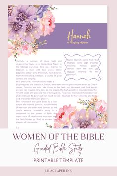 the women of the bible printable template is shown with flowers in purple and pink