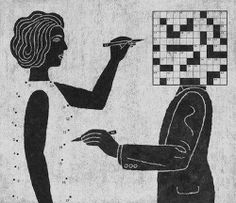 a woman holding a piece of paper next to a man with a crossword puzzle on it