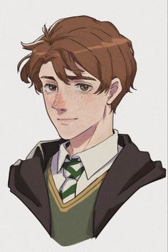 a drawing of a young man with brown hair wearing a green and white striped tie