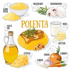 different types of food that are labeled in the word polenta, cheese, carrots and