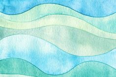 an abstract watercolor painting with blue and green waves