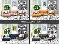 four different views of a living room with couches, tables and clocks on the wall