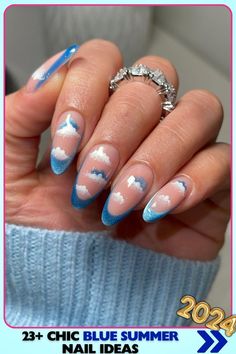 Almond shaped nails with blue tips and cloud designs. Medium length, glossy finish. Ideal for light-hearted summer days. Whimsical and fun. Keywords: blue summer nails, almond nails, cloud, whimsical, fun. Cloud Design Nails, Nail Ideas For Engagement, Nails With Blue Tips, Blue Summer Nails, Nails With Blue, Ideas For Engagement, Almond Shaped Nails, Summer Nails Almond, Witch Nails