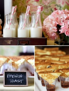 french toast desserts with milk and flowers in vases on the side, along with a sign that says french toast