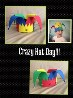 three photos of crazy hats with the words crazy hat day written on them and an image of a child's face