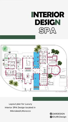 the interior design spa brochure is shown in green and white colors, with palm trees