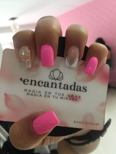 Happy Birthday Nails Designs, Pink And White Nails Designs, Glitter Nail Ideas, Glitter Nails Acrylic, Summer Gel Nails, Simple Acrylic Nails, Short Square Acrylic Nails, Cute Gel Nails, Nails Only