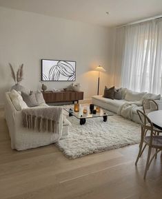 a living room filled with furniture and a white rug on top of a hard wood floor