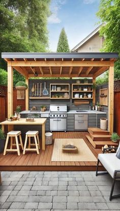 an outdoor kitchen and dining area is shown in this backyard scene with wooden steps leading up to the pergolated deck