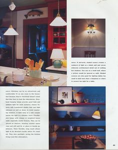 the interior of a kitchen with blue walls and white counter tops is shown in this article