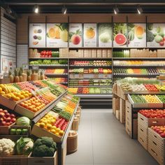 a grocery store filled with lots of fresh fruits and veggies in bins