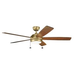 a ceiling fan with two wooden blades and a light fixture on the top of it