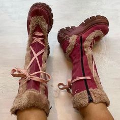 Fur Decor Side Zipper Lace up Boots Round Toe Flock British Style New Fashion Winter Casual Women Mrs Hudson, Funky Shoes, Shoe Inspo, Aesthetic Shoes, Swag Shoes, Mode Inspo, Pretty Shoes, Dream Shoes, Look At You