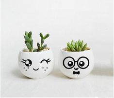 two small pots with plants in them and faces drawn on the inside one is white