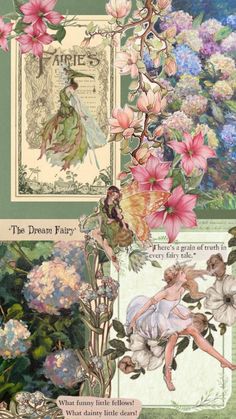 a collage of flowers and fairy images