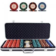 poker chips in a case with four different colors and numbers on each side, including the number