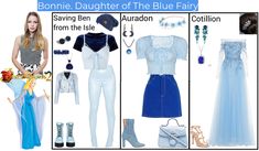 a woman in blue and white outfit standing next to other items