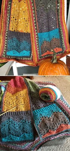 there is a crocheted blanket on the floor next to an orange and green pumpkin