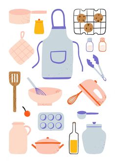 kitchen utensils and baking supplies are arranged on a white background