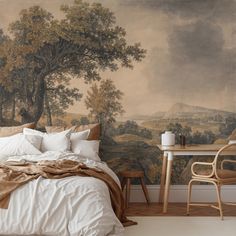 a bedroom with a painting on the wall next to a bed and desk in front of it