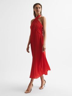 Pleated Halter Dress, Halter Midi Dress, Pleated Midi Dress, Red Midi Dress, Accessories Collection, Dress Red, Guest Dresses, Halter Neck, New Outfits