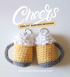 crochet beer mug keychain is shown in yellow and gray