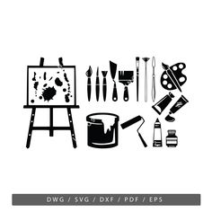 an easel, paintbrushes, and other art supplies are shown in black on a white background