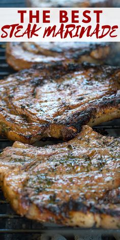 steak marinade on the grill with text overlay