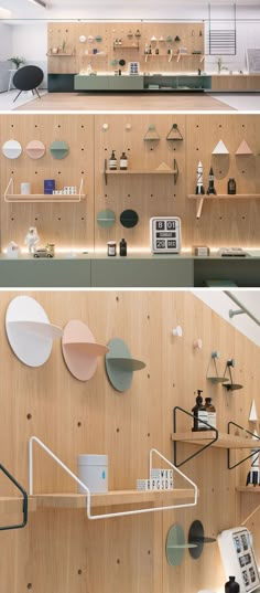 the shelves are filled with different types of objects on them, and each shelf has a unique shape