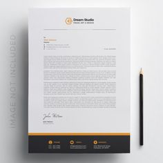 a professional letterhead with an orange and black stripe on the bottom, next to a pencil