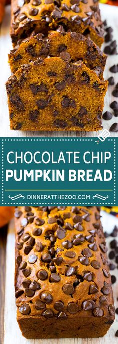 chocolate chip pumpkin bread on a cutting board with text overlay that reads, chocolate chip pumpkin bread