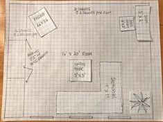 a drawing of a kitchen floor plan on a piece of paper that has been drawn