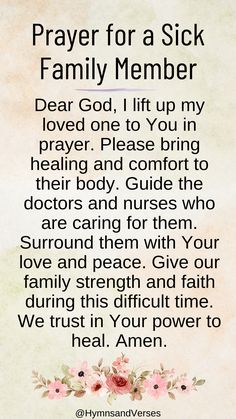 a prayer for a sick family member with pink flowers and leaves on the bottom corner