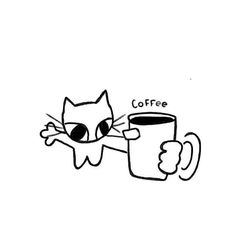 a black and white drawing of a cat holding a coffee cup with the words coffee written on it