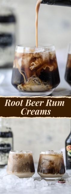 root beer rum creams are being poured into jars with ice and caramel syrup