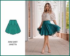 a women's skirt with pleaed details in the front and back, along with an image of a woman wearing heels