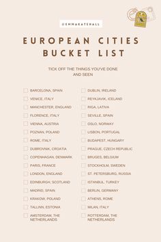 the european cities bucket list is shown on a beige background with an orange and white border